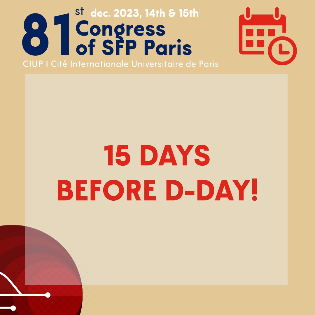 🚨 15 DAYS BEFORE D-DAY! 
Two weeks left before the congress, we look forward to meeting you! 

Register: sfpcongres.com/en/registratio…
Program: sfpcongres.com/en/program/

#sfpcongress
#Vascular
#SFP
#Phlebology
#Congress