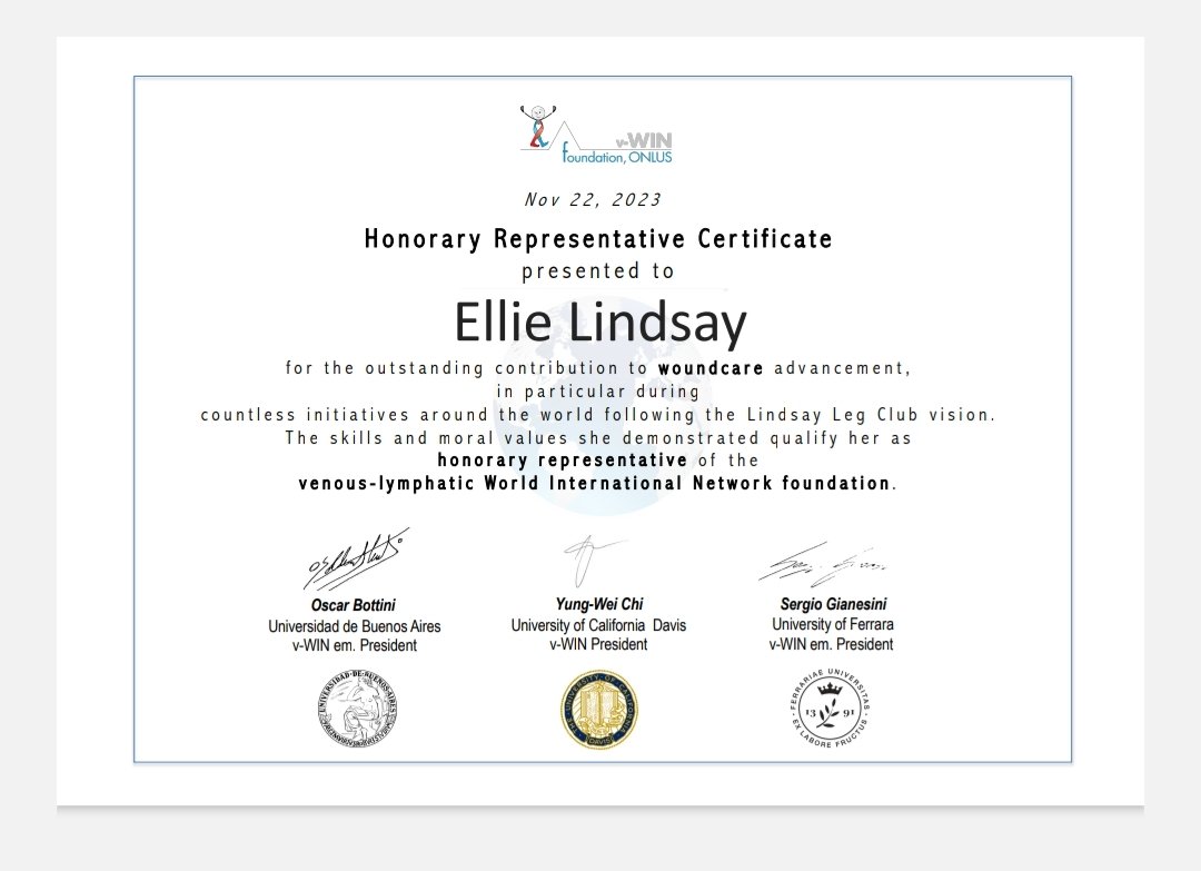 LindsayLegClub's tweet photo. Ellie Lindsay OBE has been presented with an Honorary Representative Certificate from the Venous-Lymphatic World International Network Foundation
for outstanding contribution to #woundcare advancement, in particular the Lindsay Leg Club vision. Congratulations Ellie! #LLCF https://t.co/1LjolgNdRj