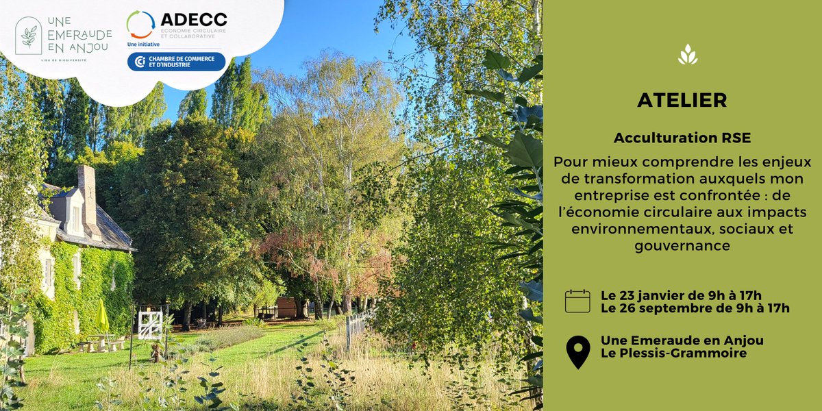 📆 Une Emeraude en Anjou et l'ADECC s'associent pour vous proposer deux ateliers pour vous acculturer à la #RSE.

➡️ Découvrez le 1er atelier le 23 janvier de 9h à 17h.

Retrouvez plus d'infos et inscrivez-vous ici 👉🏻 lnkd.in/eggp6acJ