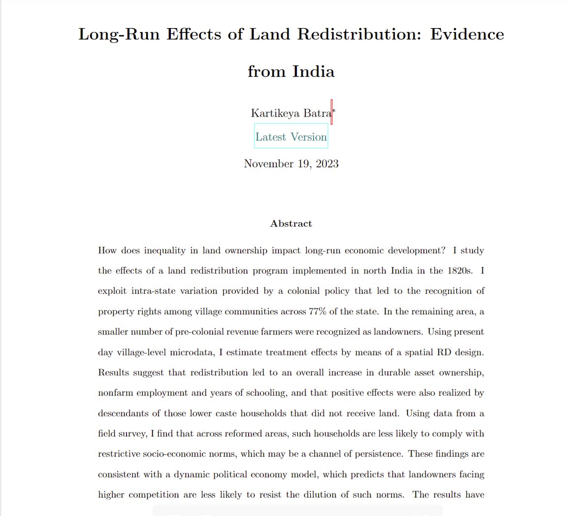 📢 📢 In Indian districts where land was REDISTRIBUTED in the 1820s, I find BETTER modern-day socio-economic outcomes among LOWER CASTES, possibly due to a weakened CASTE system. Link to paper below. Thoughts welcome. #EconTwitter #EconJobMarket #JMP 
tinyurl.com/bded7yvn