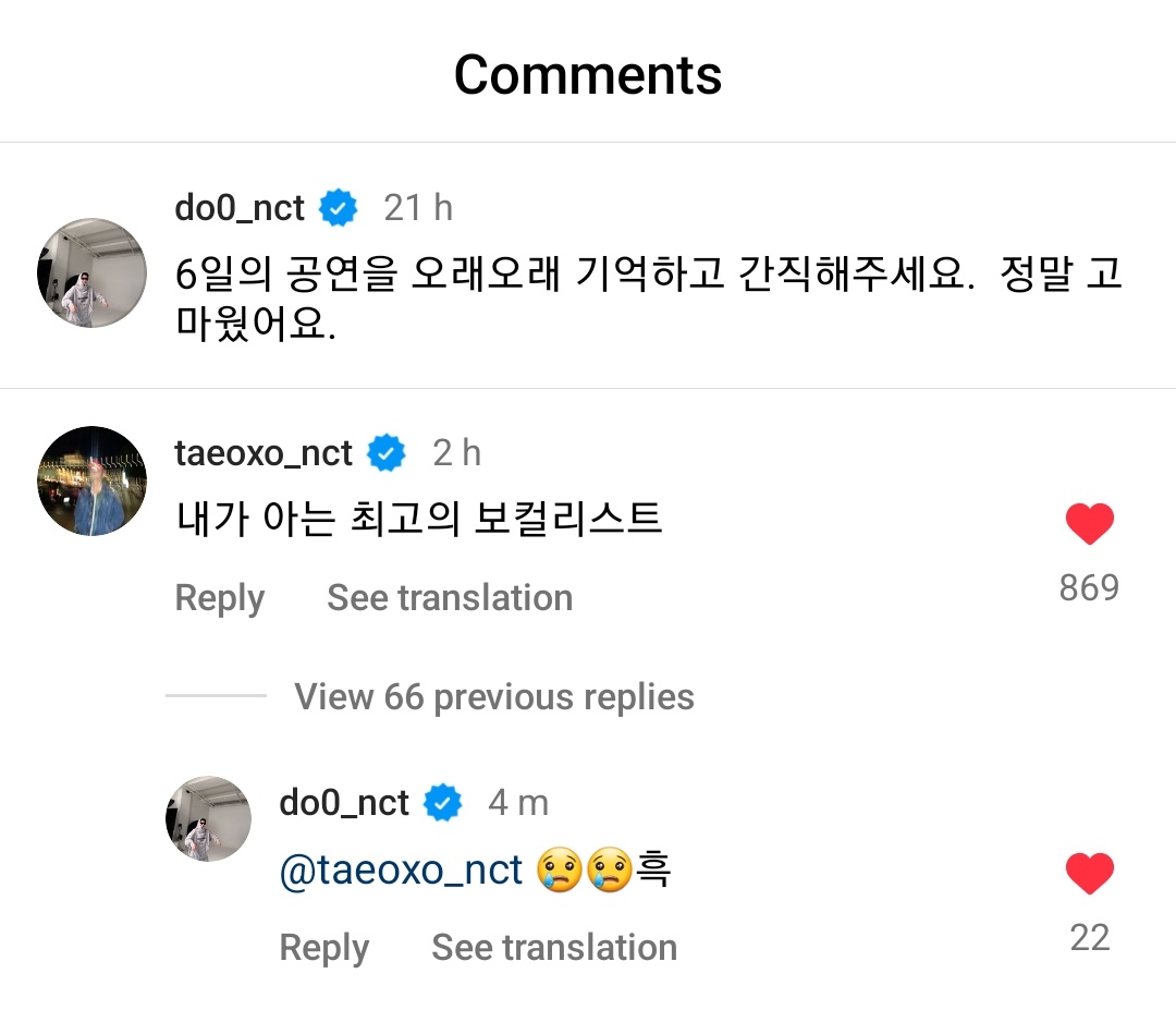NCTDAOYlNG's tweet photo. Doyoung replied to Taeyong's comment 🥹

Taeyong: The greatest vocalist I know
Doyoung: 😢😢 heuk*

*crying sound https://t.co/cOh04E5Fse