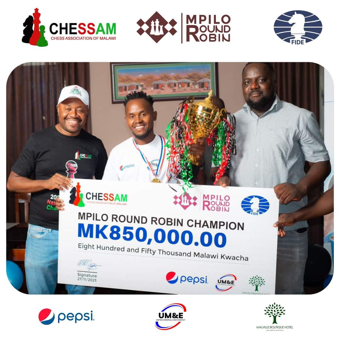 MalawiChess's tweet photo. Congratulations to CM Chiletso Chipanga for winning the 2023 Mpilo Round Robin that took place from 25th to 27th November at Malville Boutique Hotel in Lilongwe.
IM Gillian Bwalya took the second position and  IM Richmond Phiri took position 3. https://t.co/y4WzWjQfrr