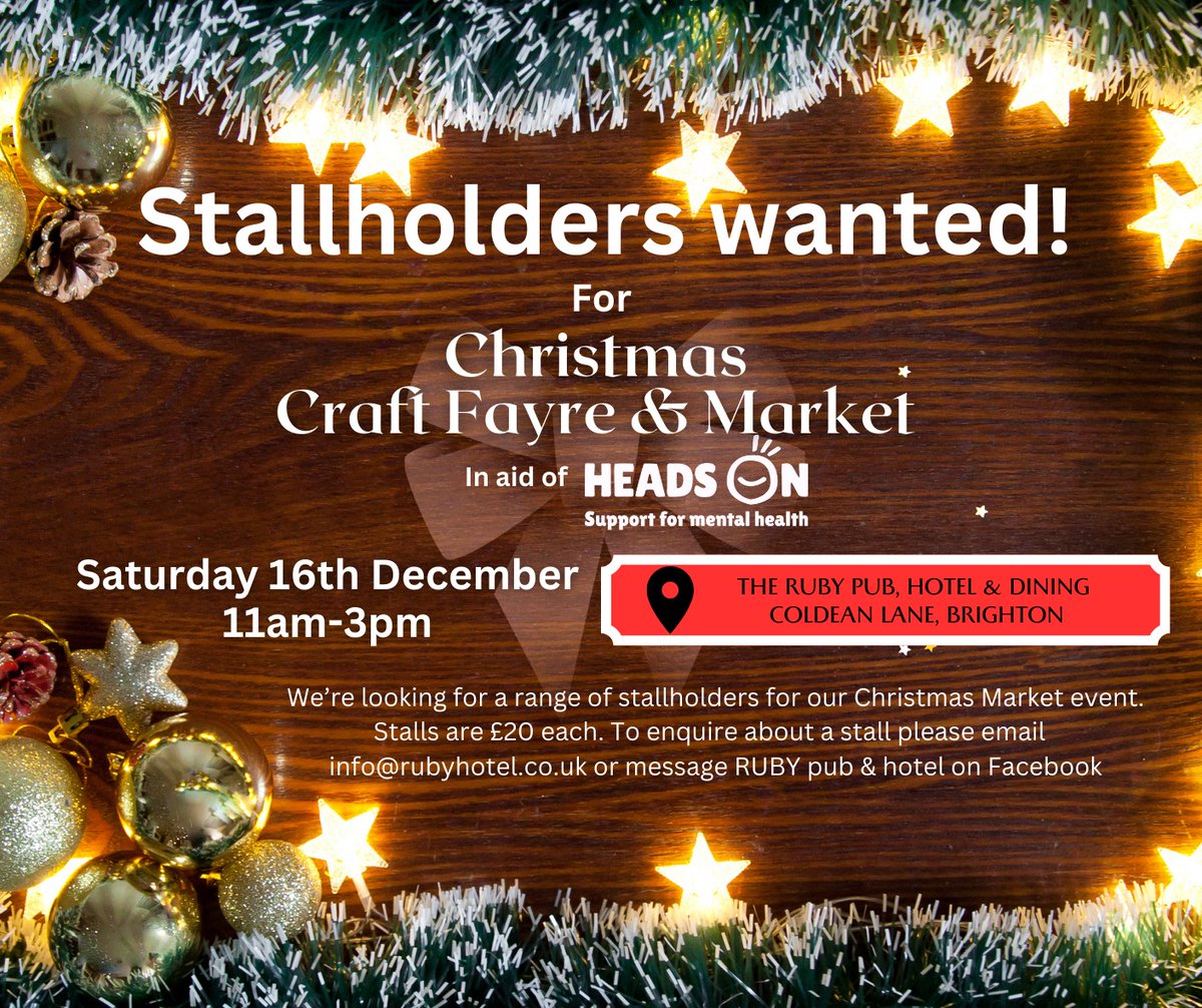One of our wonderful supporters in organising a Christmas market, if you are interested being a stall holder or just to come buy some Christmas gifts. Stalls are £20 each, all to raise funds in aid of Heads On. Email info@rubyhotel.co.uk for more information. <a href="/SPFT_NHS/">Sussex Partnership</a>