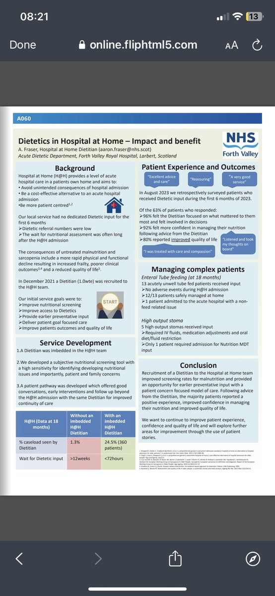 Proud to have my poster displayed at <a href="/BAPENUK/">BAPEN UK</a> conference today!

Showcasing the impact and benefit of imbedding a Dietitian within <a href="/NHSForthValley/">NHS Forth Valley</a> Hospital at Home service

Removing barriers, focusing on what matters most to the individual, being responsive and close MDT working