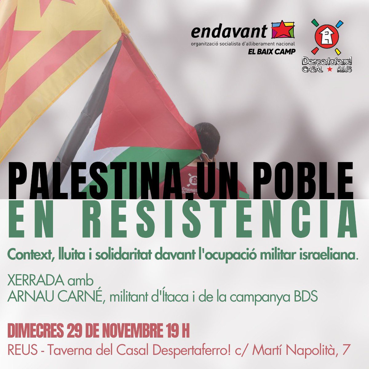 DEMÀ‼️

🇵🇸 El #29N és el Dia Internacional de Solidaritat amb Palestina

📢Us esperem a #Reus per denunciar la barbàrie sionista que continua‼️

📣Cal denunciar el genocidi que Israel comet contra el poble palestí: és una neteja ètnica patrocinada per la Unió Europea!🔥🇮🇱🔥🇪🇺🔥