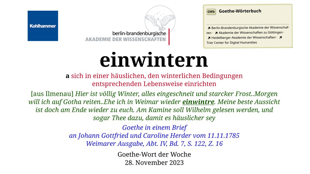 Bis auf wenige dienstl Verpflichtungen führte #Goethe im Winter 1785 ein recht zurückgezogenes Leben in Weimar. Mit unserem #GoetheWortderWoche 'einwintern' beschreibt er sein 'stilles u fleißiges' (WA,Abt.IV,Bd.7,S.132) Leben: woerterbuchnetz.de/GWB/einwintern #GoethesWortuniversum #GWb