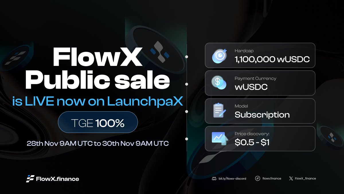 FlowX Public Sale is now 🔴LIVE on: flowx.finance/launchpax/publ…

Commit $USDC to secure your allocation at the best price before $FLX gets listed.👇

flowx.finance/launchpax/publ…

🌈 TGE on 11:00 UTC 30 Nov 2023