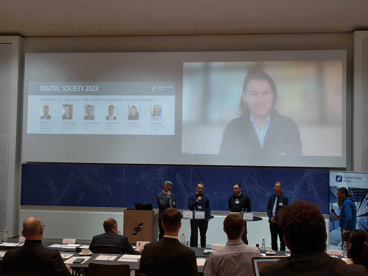 fintech_consult's tweet photo. Quite interesting panel at the "Digital Society" conference at @FrankfurtSchool this morning, with @valentinstalf @n26, Dominic Hoffmann @Klarna, Konstantin Kavvadis @solaris_se, Mirko Siepmann @Raisin_EN Bank, Aytac Aydin OLB, discussing future banking. Moderator: Jürgen Schmitt https://t.co/M3g5BuEU3c