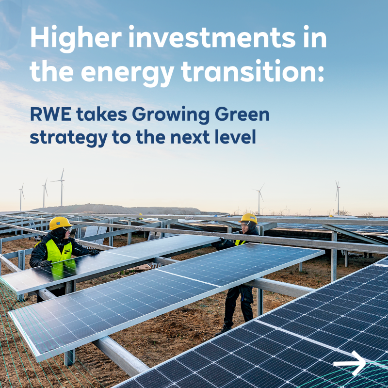 RWE_AG's tweet photo. RWE is accelerating its Growing Green strategy! From 2024 to 2030, we will invest €55bn net globally. Our green generation capacity is set to grow to >65GW while we are decarbonising our portfolio in line with the 1.5-degree pathway.