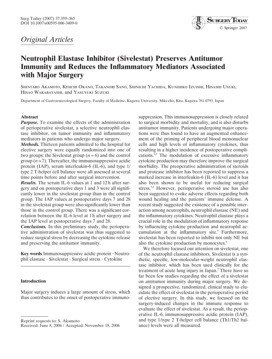 Neutrophil elastase inhibitor (sivelestat) preserves antitumor immunity and reduces the inflammatory mediators associated with major surgery eurekamag.com/research/054/5…