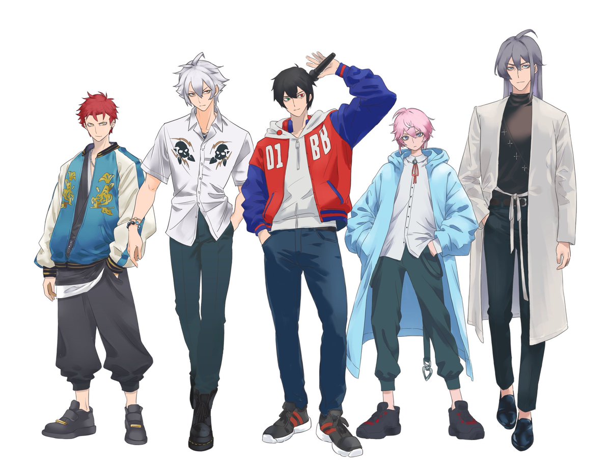 multiple boys male focus pink hair pants jacket shirt red hair  illustration images