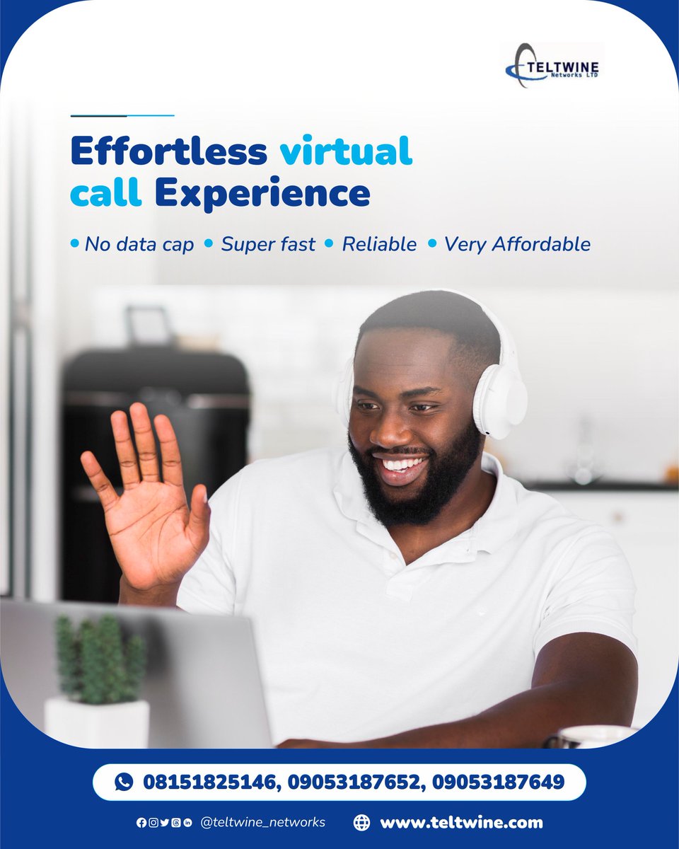 teltwine's tweet image. Effortless virtual call experience with teltwine super-fast, high speed no limits internet.

Call us or send a dm!
-
#Remoteexperience
#Internetextraordinary
#telecominfrastructure 
#Highspeednolimit 
#Internetserviceprovider 
#Browseasyoulike 
#teltwinenetworkslimited