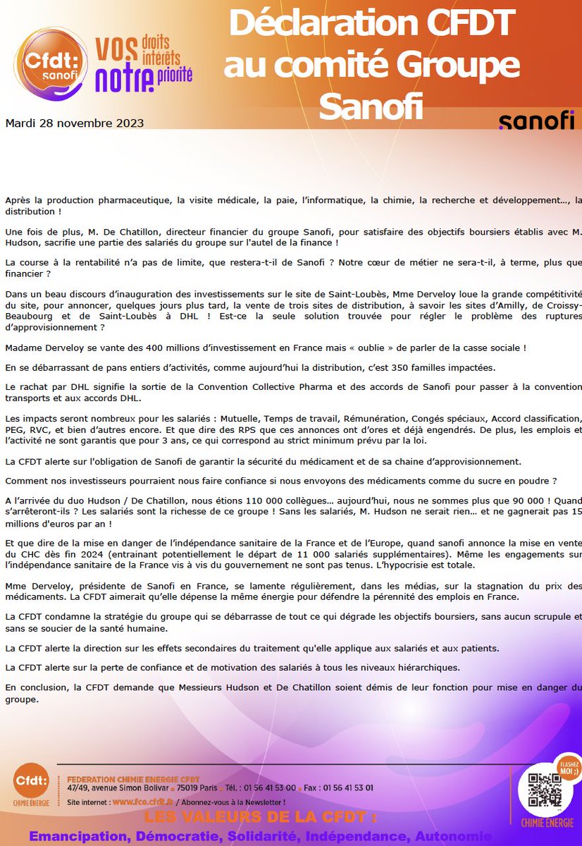 CFDTSanofiGroup's tweet photo. Déclaration de la CFDT Sanofi ce jour en Comité Groupe Sanofi #Sanofi #cfdt #secif #scerao #declaration @CFDT @SG_SECIF @SCERAOCFDTCADRE #like #live https://t.co/8jH9S19Ksk