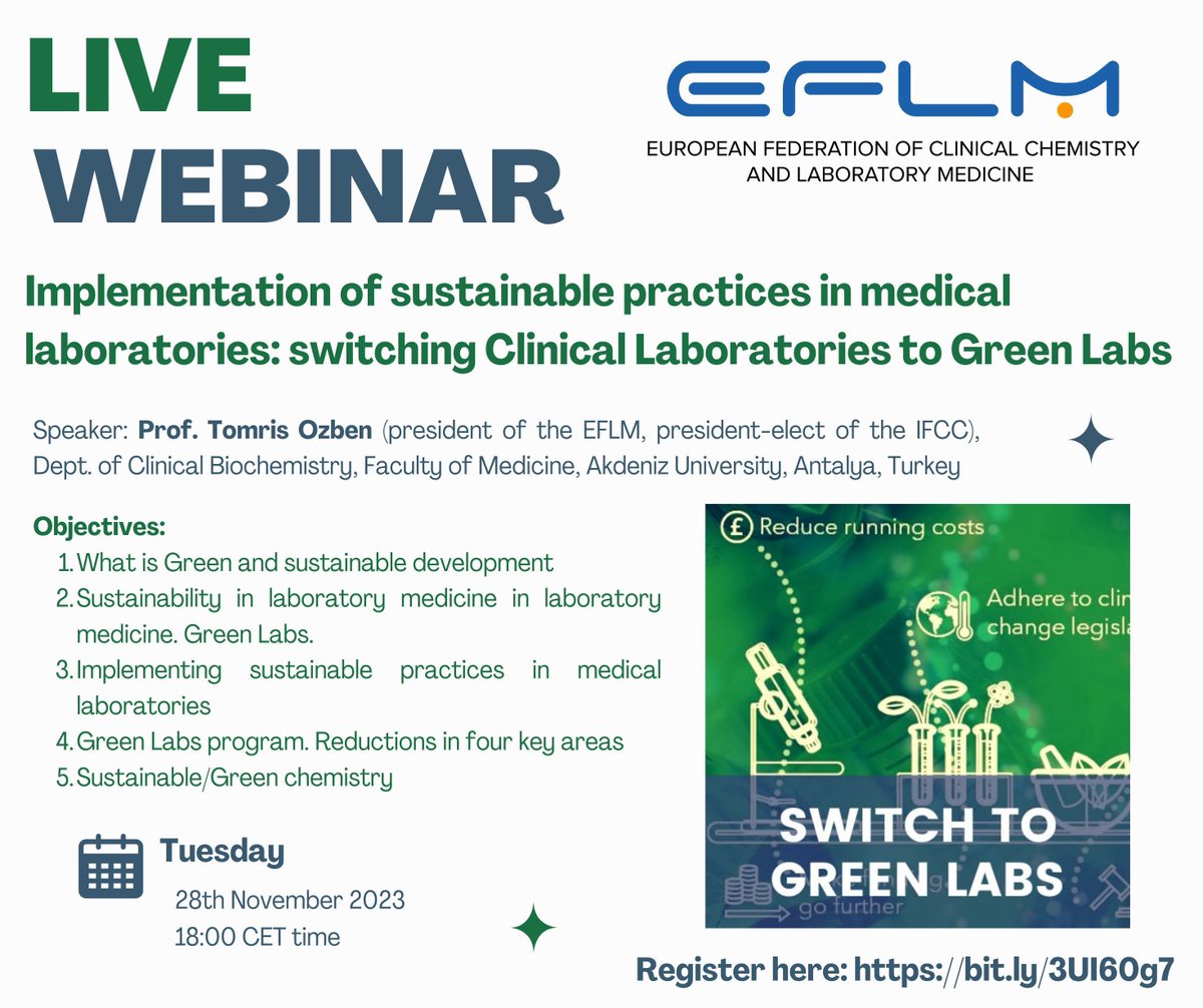 🌿 Transform your lab! Join our webinar today on sustainable practices in medical labs lectured by Prof. Tomris Ozben. Go green, stay efficient. 🗓️ 28.11.2023 ⏰ 18:00 CET Register: bit.ly/3UI60g7 For certification: bit.ly/46tIZ6J #GreenLabs #SustainableScience