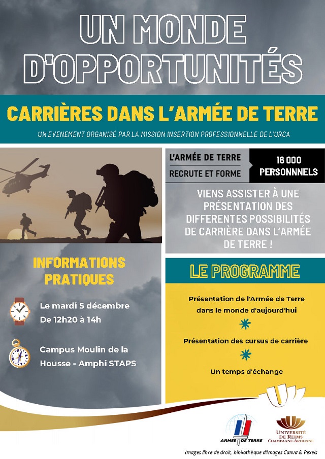 L'armée de terre interviendra le 5 décembre sur le campus moulin de la housse en amphi STAPS de 12h20 à 14h00.