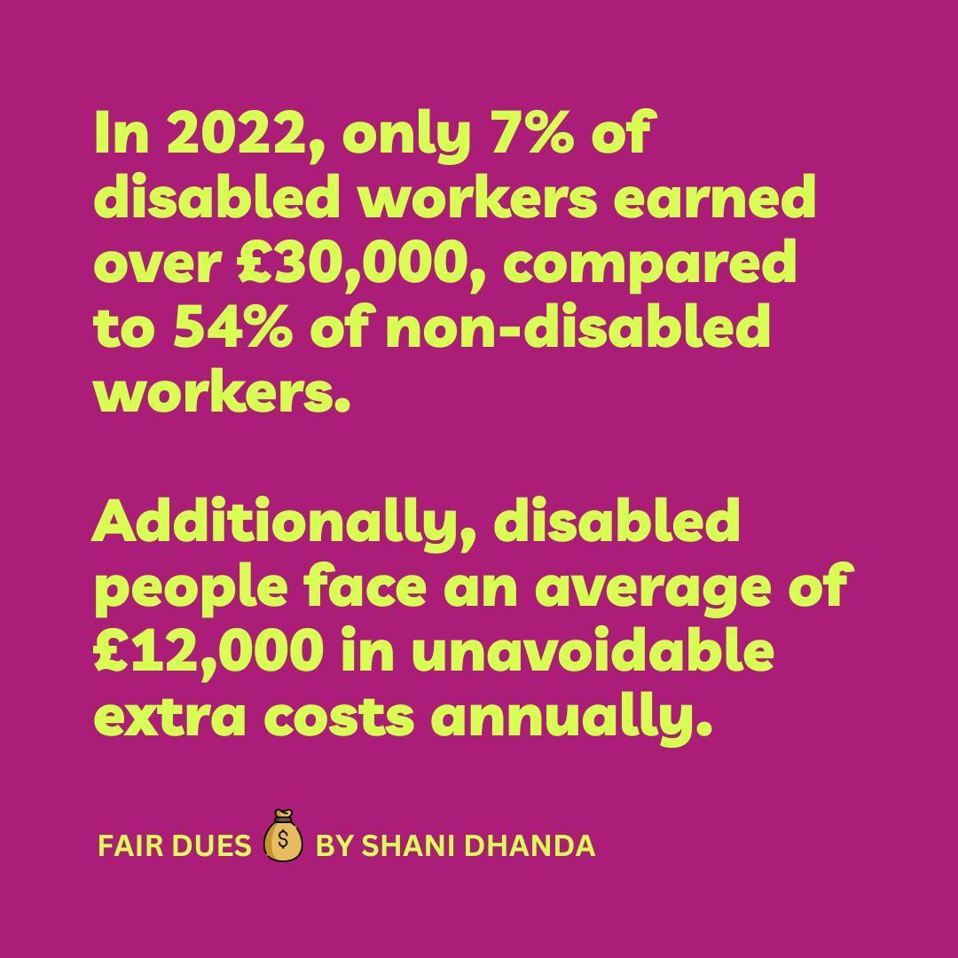 ShaniDhanda's tweet photo. The maths isn't mathing, but the stigma about disabled people in work is oppressing. Only 7% of disabled workers earned over £30,000 in 2022. That revelation stopped me in my tracks because at least £12,000 goes towards extra costs we face.

#FairDues #DisabilityPayGap https://t.co/zQQCSUZA6o