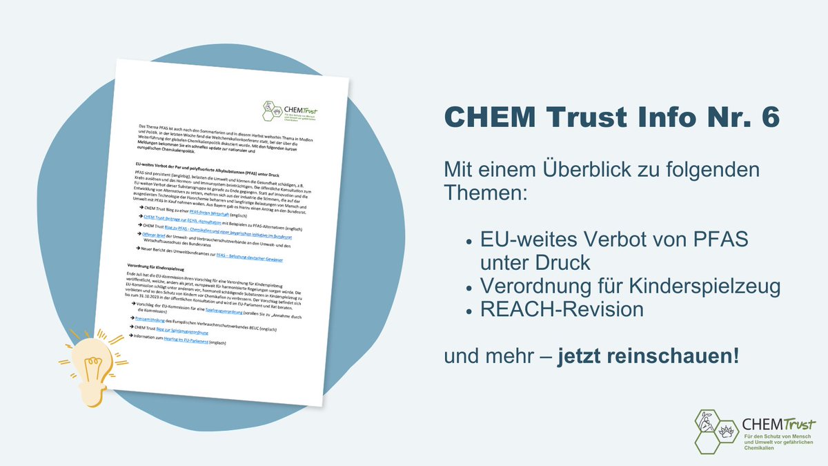 Schon unsere letzte CHEM Trust Info gelesen? 💡 Mit allen News zum möglichen #PFAS-Verbot, zur #REACHRevision und mehr – jetzt reinschauen 👉 chemtrust.org/de/wp-content/… 

#Chemikalien #Umweltschutz #REACH