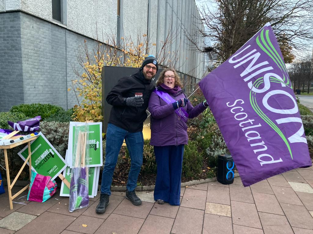 UNISON_Scot_HE's tweet photo. Day two All Out! Another superb show of support from members and the public this morning at UNISON GCU pickets. Still here, still fighting for #fairpay

@unisonscot https://t.co/xkBV4u7GhA