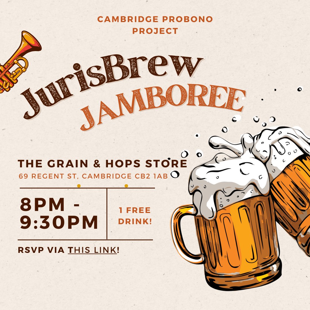 Connect with fellow researchers at JurisBrew Jamboree this Thursday! You will be partnered up randomly, delving into thought-provoking questions related to legal research, or general reflections on life as a Cambridge student. RSVP by 6 PM tonight, via forms.gle/n6jfX4DY9TUmDW…🎉🍻
