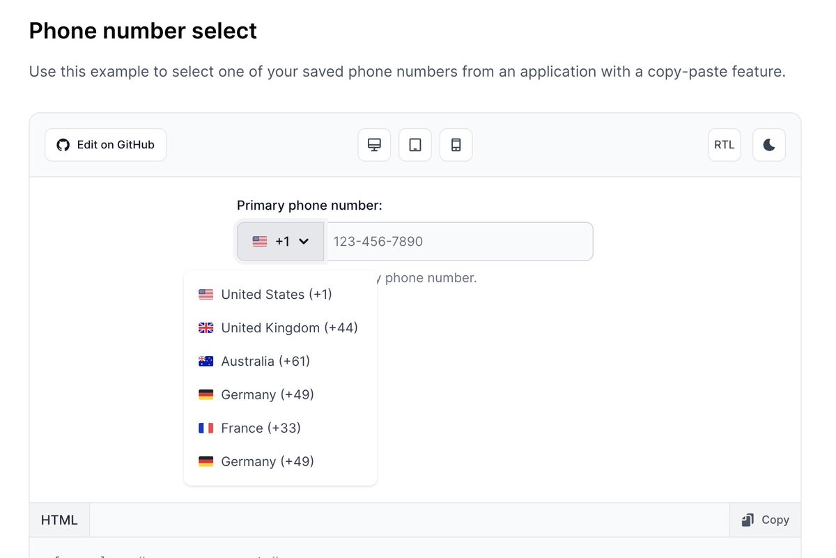 zoltanszogyenyi's tweet image. Just dropped a new UI component for Flowbite 🙌
You can use the phone number component to authenticate and verify the user via SMS or call messages.
It's also often used for e-commerce websites where you need a point of contact for shipping.
