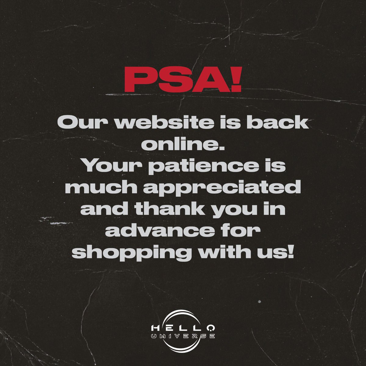PSA!

Our website is back online!!

hellouniverse.asia/shop/

#LuxuryDisease #ONEOKROCK #ONEOKROCKinKL #OORinKL #AsiaTour