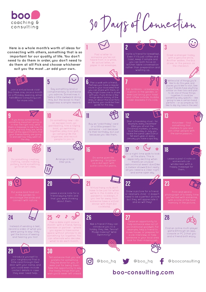 It's #WorldCompassionDay, and almost December, which seems like the perfect time to revisit our 30 Days of Connection calendar. You can use this like an advent calendar for inspiration to help you experience a more connected and compassionate month. 

#TeamBoo