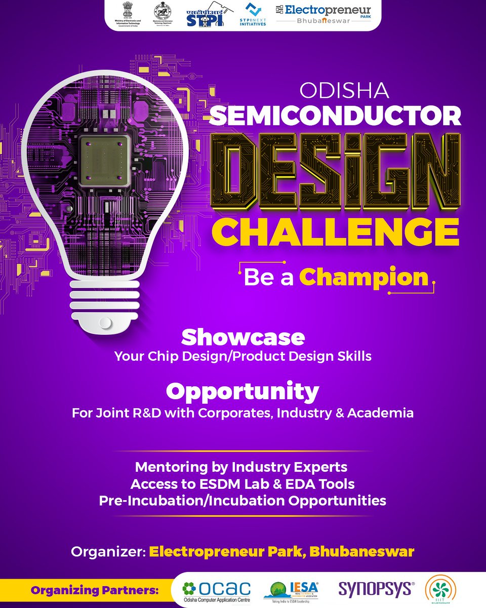 Just 2 days left! Send your #InnovativeDesign proposals in sectors including #AgriTech, #EdTech, #Healthcare, #Energy/Power, #Communication, #Robotics & #ProcessAutomation for #OdishaSemiconductorDesignChallenge-2023 under #OChip Initiative of #Odisha Govt. #OdishaOnTheMove