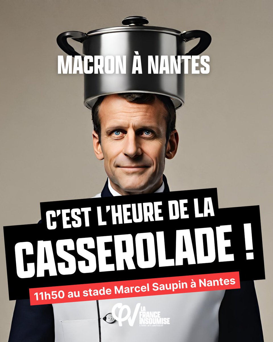 🔔 ALERTE MOBILISATION 📢#CasseroladeCitoyenne 📅 Aujourd'hui à 11h50, soyons nombreux devant le stade Marcel Saupin à Nantes pour une casserolade citoyenne face à la venue d'Emmanuel Macron aux Assises de l’économie de la mer. 🥄✊