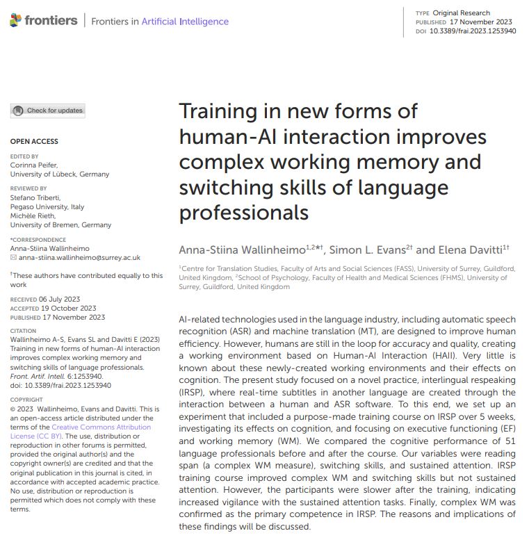 Exciting news! 🚀Our latest cognitive research on human-AI interaction in live subtitling through SR is now published in Frontiers in AI! Our 25-hour upskilling course improved language professionals' working memory and switching skills. <a href="/ESRC/">Economic and Social Research Council</a> <a href="/CTS_Surrey/">CTS Surrey</a> bit.ly/3uJy1fS