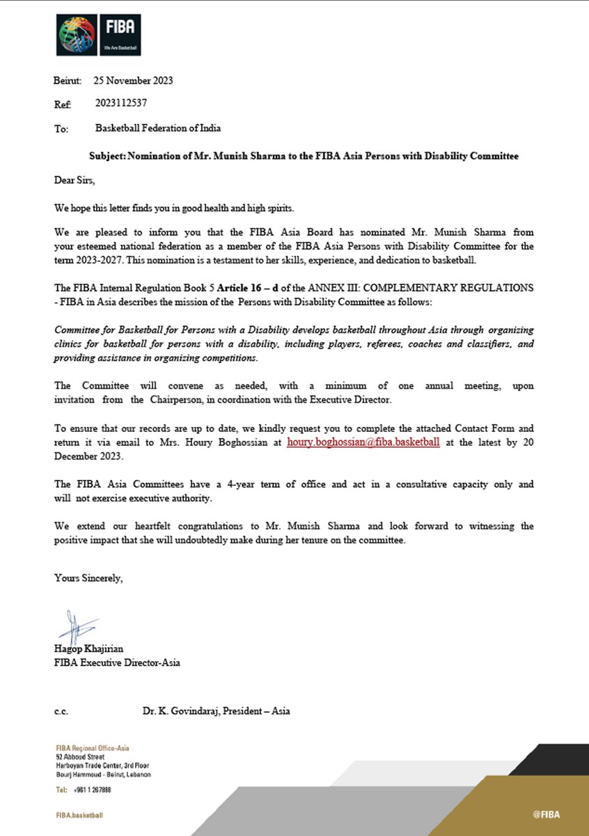 Chander Mukhi Sharma (@chandermukhis) on Twitter photo Congratulations to Mr. Ajeet Singh Rathore for his nomination to the <a href="/FIBA/">FIBA Basketball</a> Asia Legal Committee and Mr. Munish Sharma for his nomination to the Persons with Disability Committee. Your dedication to basketball governance are truly commendable.
Wish them best of luck! Congratulations to Mr. Ajeet Singh Rathore for his nomination to the <a href="/FIBA/">FIBA Basketball</a> Asia Legal Committee and Mr. Munish Sharma for his nomination to the Persons with Disability Committee. Your dedication to basketball governance are truly commendable.
Wish them best of luck!