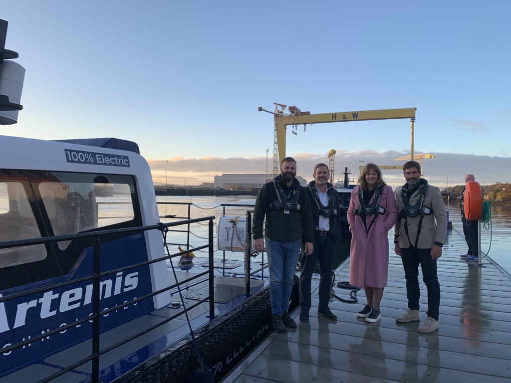 Fantastic to welcome the @MCA_media's Virginia McVea, CEO, & Steve Mulcahy, Executive Director of IT. They enjoyed a smooth ride onboard our Artemis EF-12 Workboat, Pioneer of Belfast, the world’s first & only 100% electric #foiling workboat which as been coded by the MCA.