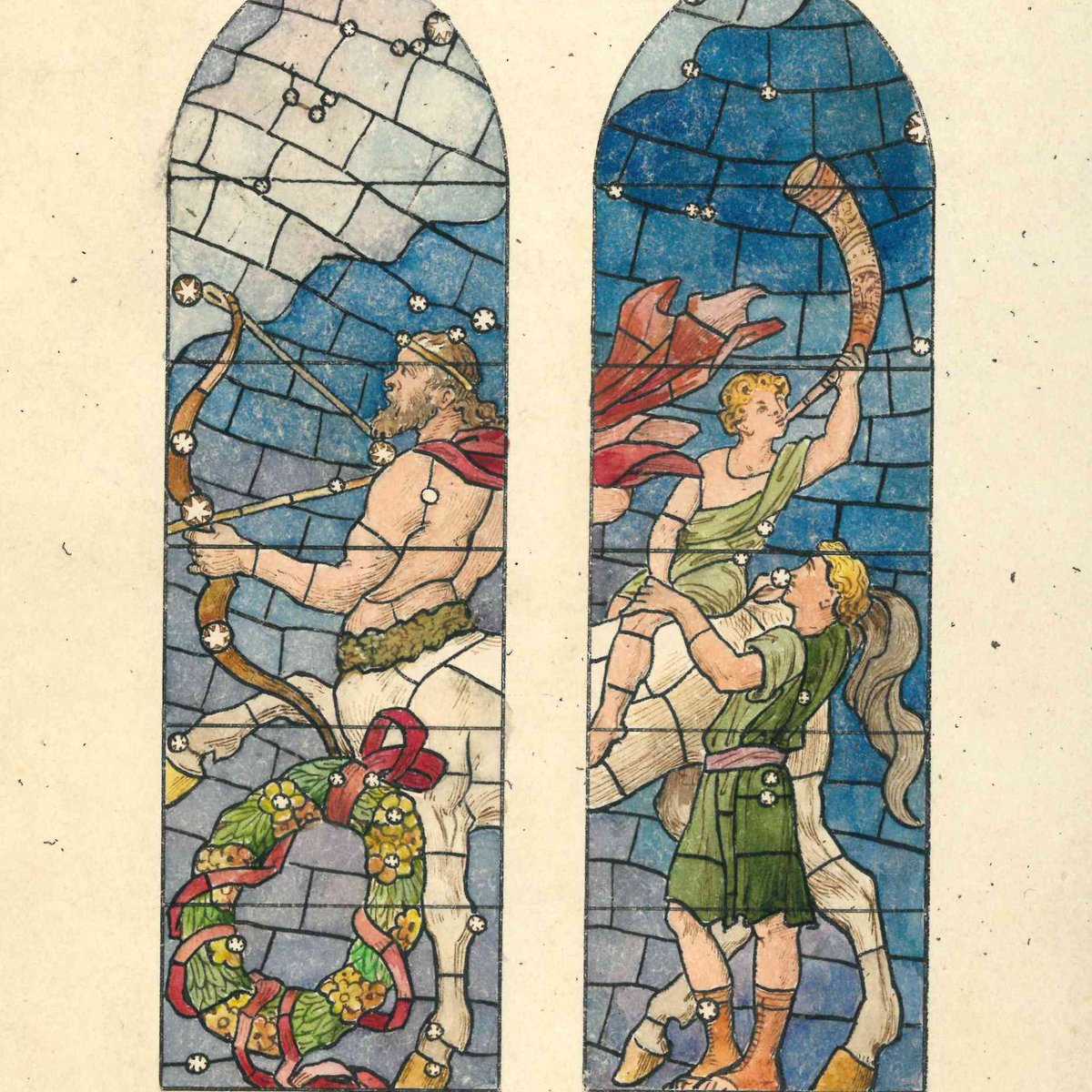 Prior to Horatio W. Lonsdale’s stunning cartoons being drawn up for Mount Stuart’s Zodiac Windows, scale watercolour designs were created 🌟 This drawing for the Sagittarius window is only 17cm high by 5cm wide, and drawn to 3/4 inch scale #ExploreYourArchive #EYASmall
