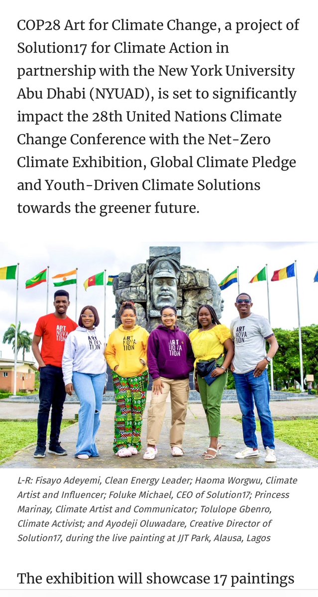 FolukeMichael's tweet photo. @Solution17Green @marinayprinces @BookFisayo @NYUAbuDhabi @DrSalisuDahiru @FMEnvng @NCCCNigeria @environewsng @HaomaWorgwu @IAmAyodejiOdare @jidesanwoolu #News 👉🏽 COP28: Solution17 to unveil innovative climate solutions-Art 

The exhibition will showcase 17 paintings depicting a climate solution. The paintings also portray the COP28 Thematic Areas

Learn more👉🏽https://t.co/ibAo6yvI1B

@DrSalisuDahiru  @NCCCNigeria  @FMINONigeria https://t.co/PtXFb3NURq