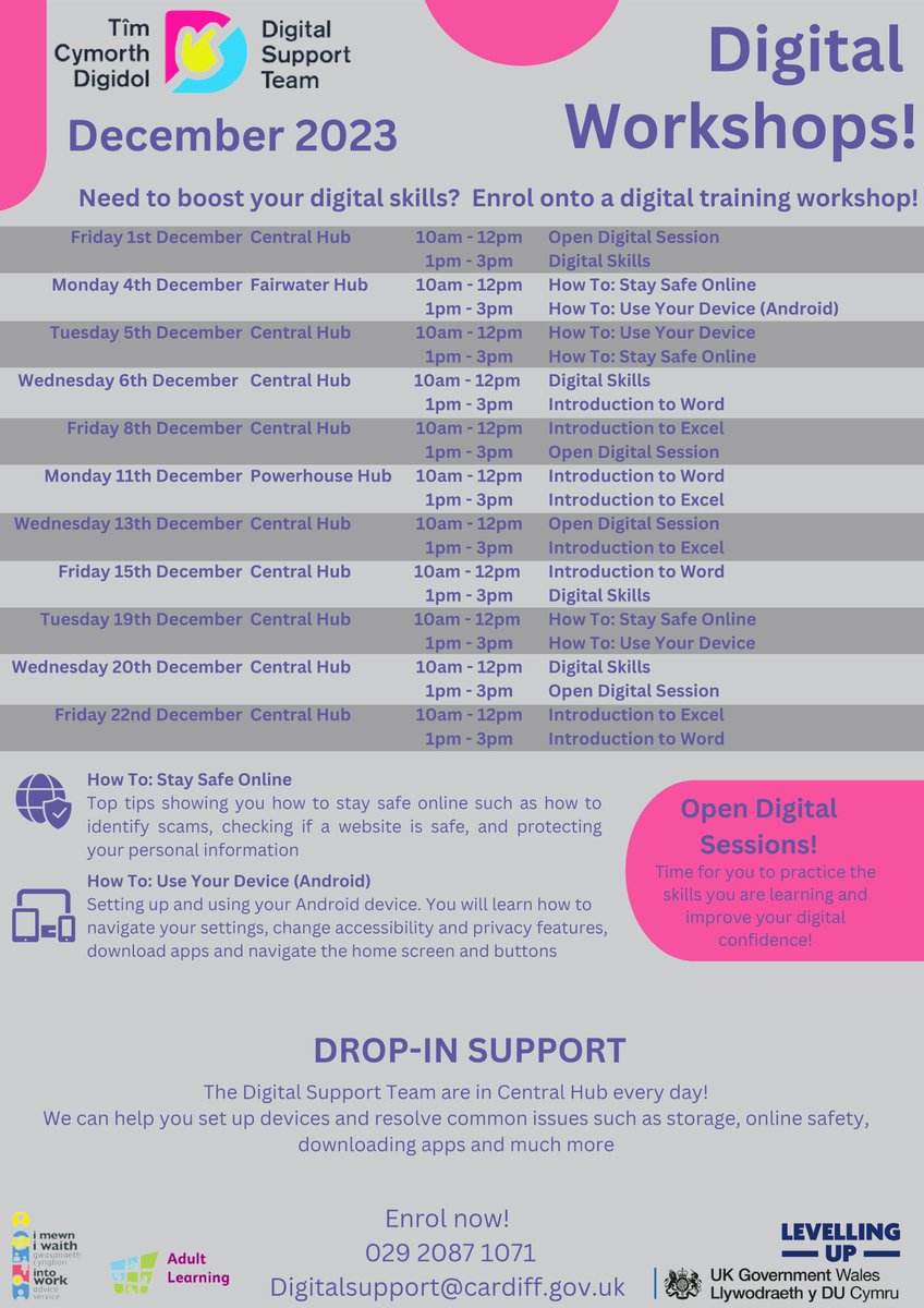 💻 The Digital Support Team are delivering digital workshops in hubs across Cardiff this December!
Their workshops cover a range of topics, from digital skills for beginners to using Microsoft Word and Excel!
#DigitalSkills #Workshops #DigitalSupport #Technology