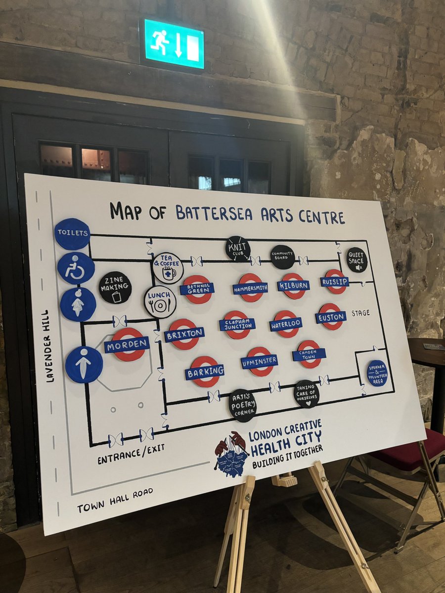 Artist @RaeGoddard281 designed the logo, did live illustration and created a beautiful map of @battersea_arts with our team #LDNCreativeHealth