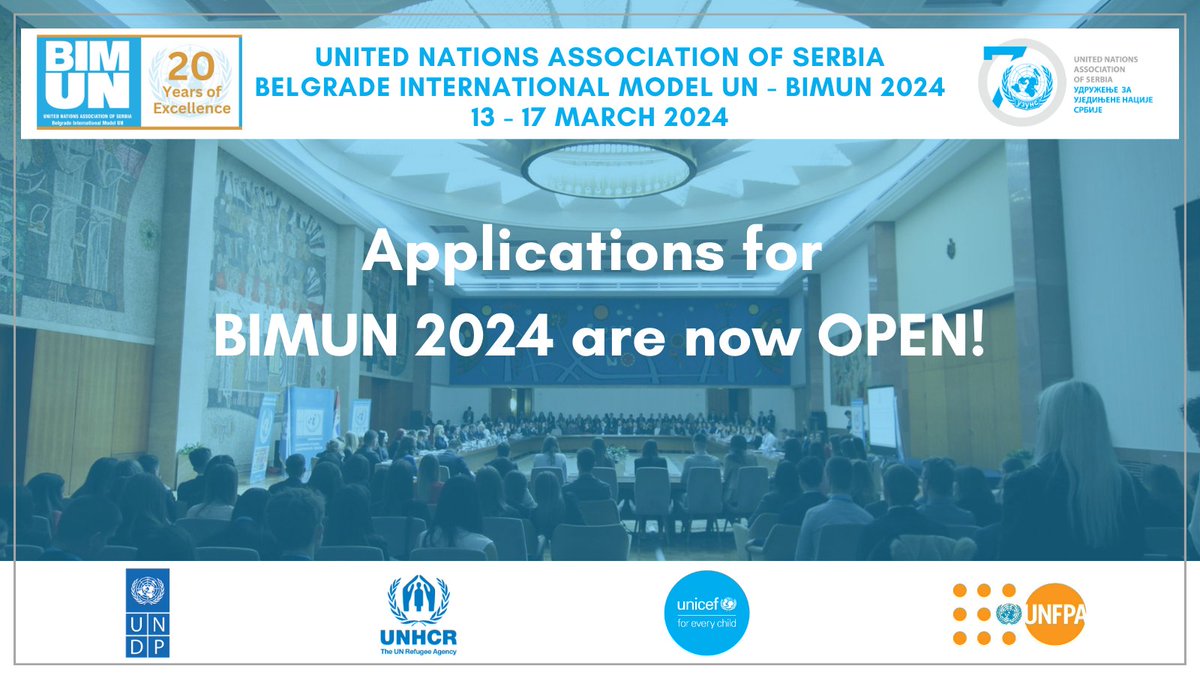 BIMUN_UNASerbia's tweet photo. #BIMUN2024 (13–17 March) applications are now OPEN! The conference theme will be "Multilateral solutions for a better tomorrow: the world, the future, youth" and the committee topics are from the UN's current agenda. 🇺🇳  BIMUN is the first and the only Intl. #ModelUN in Serbia.🇷🇸 https://t.co/dJT5ILbTPz