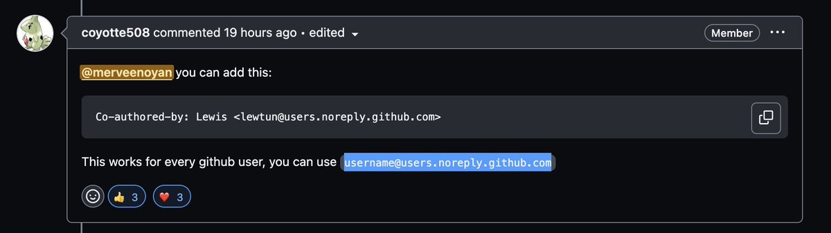 TIL if you want to add someone as a co-author in commit/merger notes and don't know their associated commit e-mail you can put username@users.noreply.github.com 📖 thanks @coyotte508