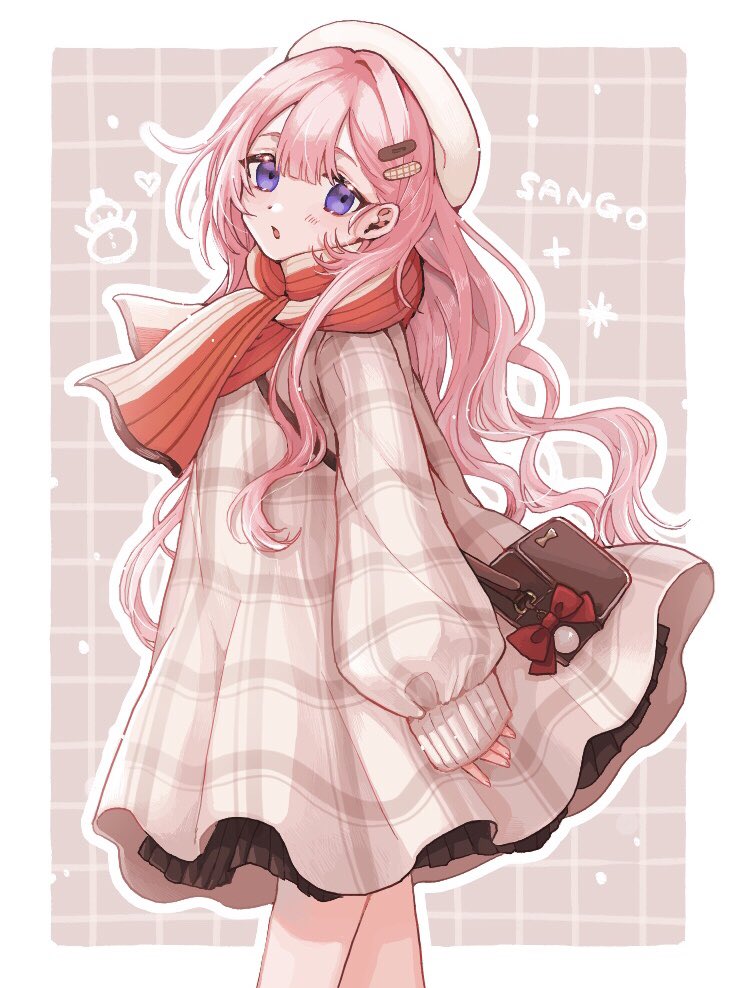 1girl pink hair solo scarf long hair hat purple eyes  illustration images