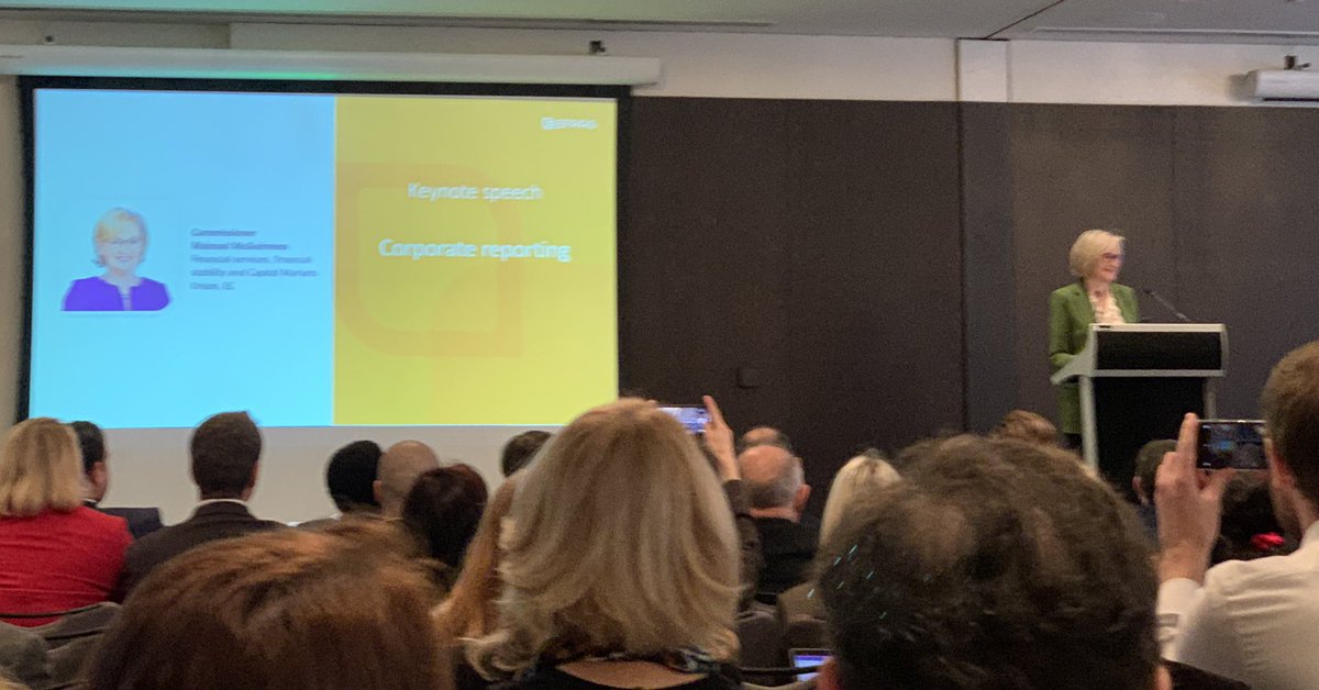 Full house for Commissioner Mairead @McGuinnessEU keynote speech at the @EFRAG_Org Conference on Corporate Reporting Much has been achieved in 4 years including progress on interoperability and compatibility Sustainability reporting now on equal footing with financial reporting