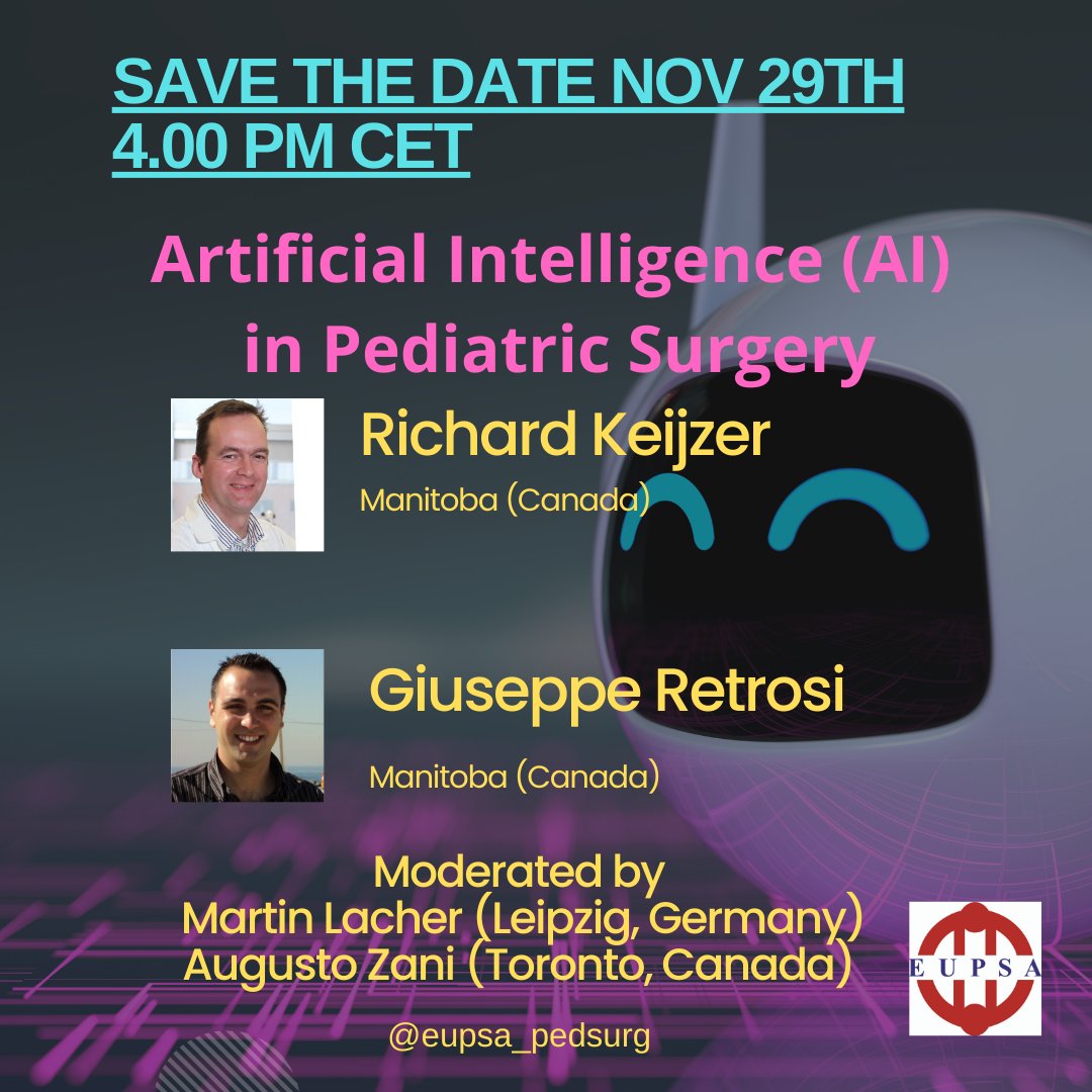 EupsaSurgeons's tweet image. Join us for a webinar on Pediatric Surgery and AI with experts Richard Keijzer, Giuseppe Retrosi, Martin Lacher, and Augusto Zani. Explore the dynamic role of AI in surgery. 📅 Nov.29th ⏰4.00 pm CET bit.ly/46uHGEp Save your spot now! #PediatricSurgery #SOME4PEDSURG