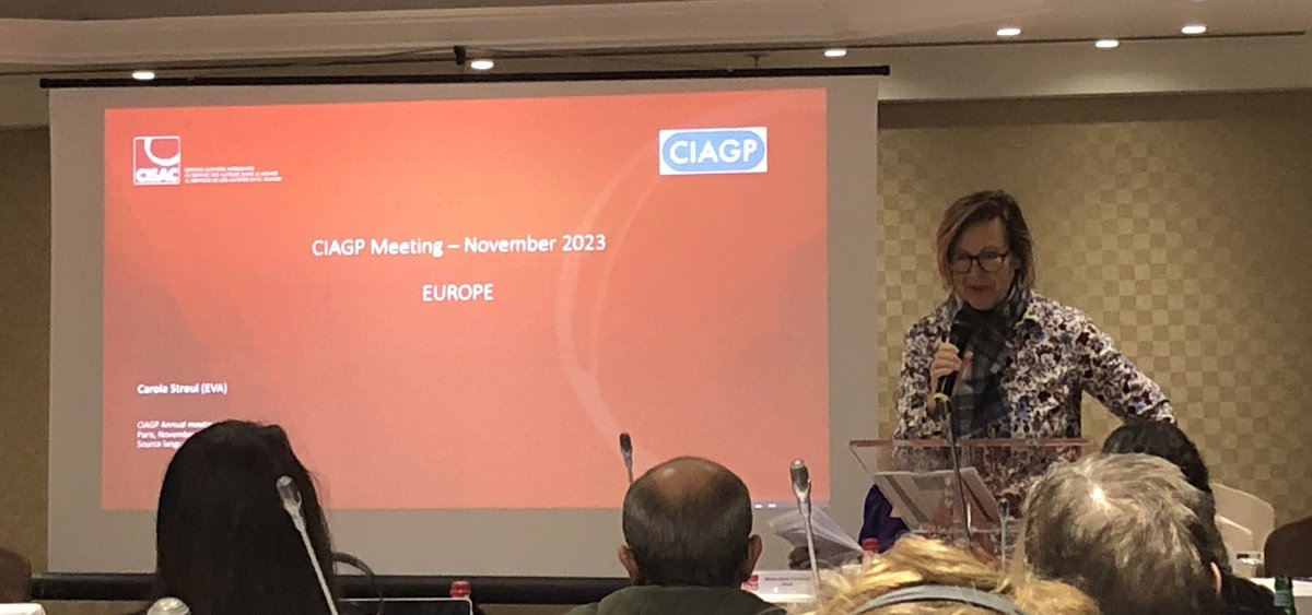 EVA SecGen <a href="/cstreul/">Carola Streul</a> is providing an update on the most heated topics in the 🇪🇺and potential effects on #visualartists 🧑‍🎨 at the International Council of Creators of Graphic, Plastic and Photographic Arts meeting #CIAGP <a href="/CISACNews/">CISACNews</a>