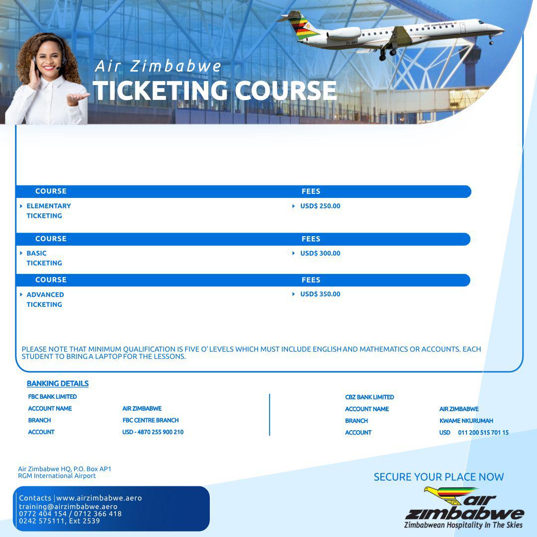FlyAirZimbabwe's tweet photo. Have You Enrolled Yet?
Last course of the year is on the 4th of December 2023. Get your IATA Certified Airline Ticketing Course through Air Zimbabwe. Contact Mr Hweta on
+263 772404154 or visit our website at: https://t.co/VfX9JhjCc5
#airzimtraining #iatatraining https://t.co/2r6vvqwWP8