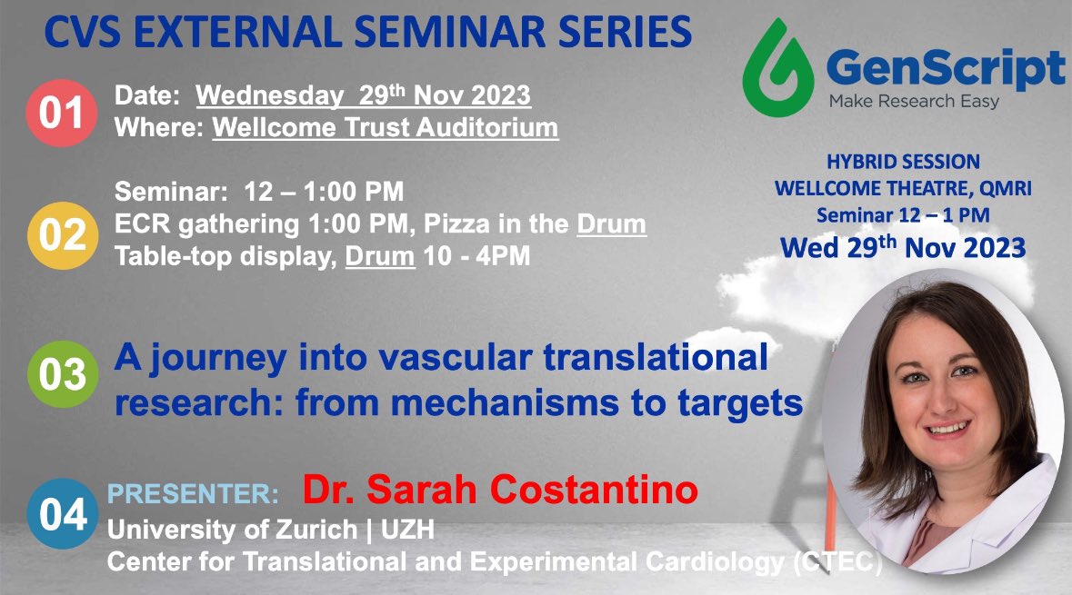 📅 Don't miss Dr. #SarahCostantino's talk, "A Journey into Vascular Translational Research: From Mechanisms to Targets", at the CVS External Seminar Series <a href="/EdinburghUni/">The University of Edinburgh</a> 🧬 on Nov 29, 2023. 💓 <a href="/Unispital_USZ/">Unispital_USZ</a> <a href="/UZH_en/">University of Zurich</a> <a href="/GenScript/">GenScript</a> <a href="/FrancescoPaneni/">Francesco Paneni</a> <a href="/caporalilab/">Andrea Caporali</a>