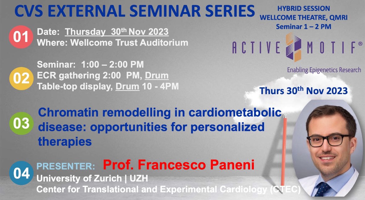Explore the frontiers of cardiology with Prof. <a href="/FrancescoPaneni/">Francesco Paneni</a> at the CVS External Seminar Series <a href="/EdinburghUni/">The University of Edinburgh</a> , as he presents "Chromatin remodelling in cardiometabolic disease: opportunities for personalized therapies" on Nov 30. 💉🧬📊  <a href="/Unispital_USZ/">Unispital_USZ</a> <a href="/PaneniLab/">Paneni Lab</a> <a href="/caporalilab/">Andrea Caporali</a>