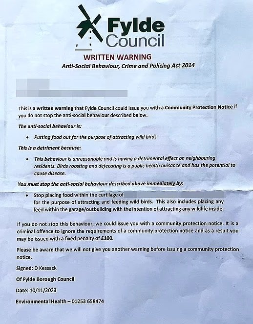 On_The_News_UK's tweet photo. @GMB @TessaOutlook A 97-year-old woman is too afraid to feed birds in her back garden after a 'bullying' council threatened to fine her.

NAMED AND SHAMED 

@fyldecouncil

listening@fylde.gov.uk

01253 658658

Let the council know what you think 🤔 https://t.co/LvFMYvDSRz