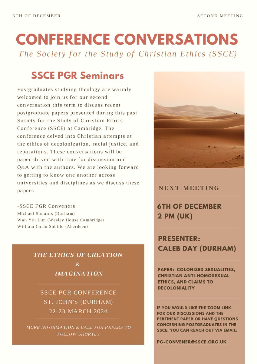 [GREETINGS!] 6 Dec 2023  

Please email pg-convener@ssce.org.uk to receive the Zoom link and the pertinent paper for our conversation. Any theology postgraduate students are welcome to participate, so email those you think would be interested.   

SSCE PG Conveners