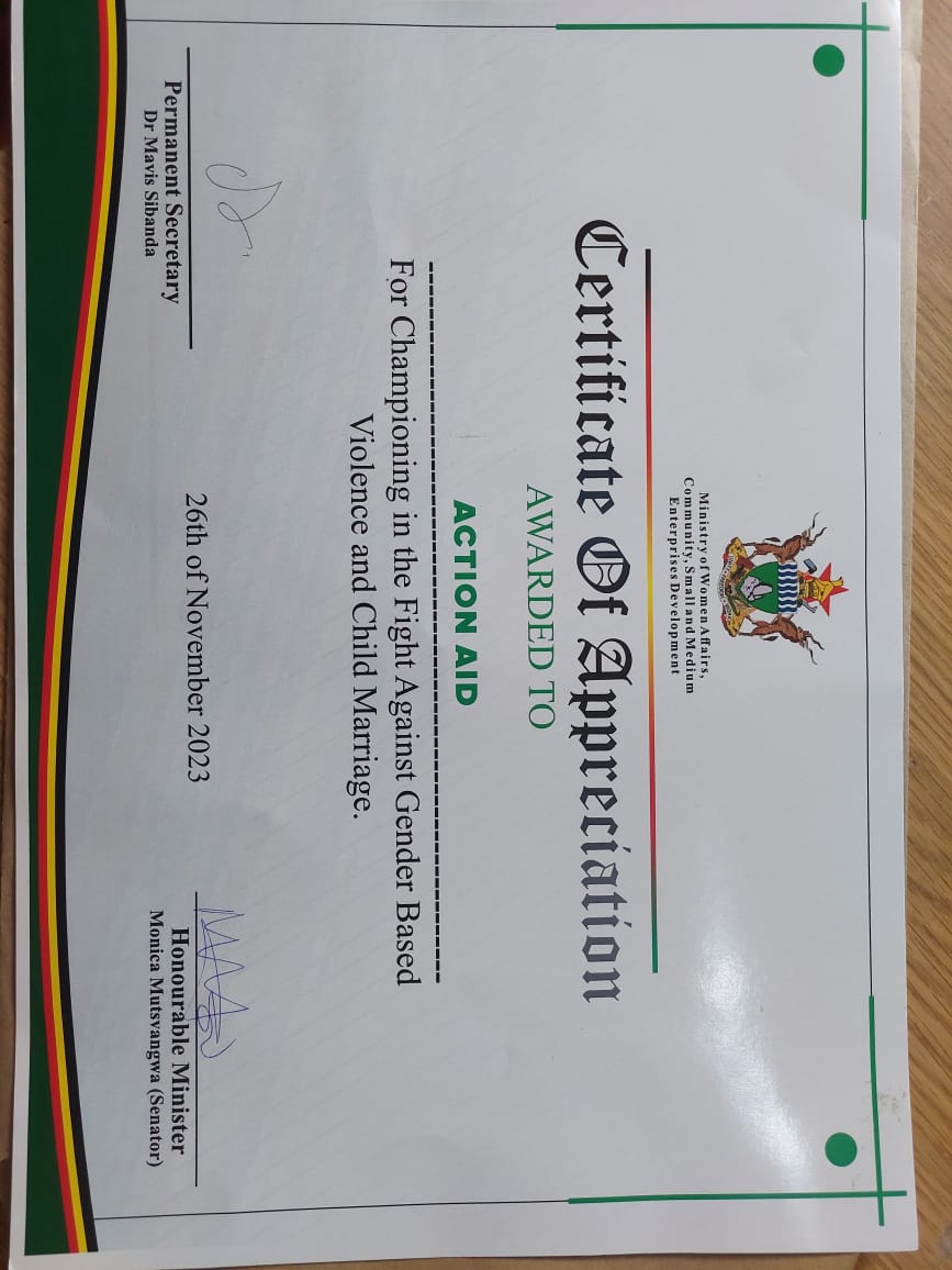 ActionAid Zimbabwe (@actionaidzim) on Twitter photo Honored to receive a Certificate of Appreciation from <a href="/mwacsmed/">Ministry of Women Affairs_Zw</a> for our efforts in combating GBV & child marriages. Thanks to our Partnerships Manager <a href="/PcmTimmas/">PetsTimmas</a> for accepting the honour on behalf of our Country Director <a href="/JoyMabenge/">Joy Mabenge</a> at a national event to launch #16DOA campaign Honored to receive a Certificate of Appreciation from <a href="/mwacsmed/">Ministry of Women Affairs_Zw</a> for our efforts in combating GBV & child marriages. Thanks to our Partnerships Manager <a href="/PcmTimmas/">PetsTimmas</a> for accepting the honour on behalf of our Country Director <a href="/JoyMabenge/">Joy Mabenge</a> at a national event to launch #16DOA campaign