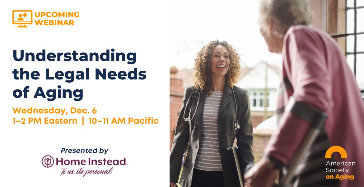 ASAging's tweet image. There are important legal documents we should all have in place as we age, yet people often wait until a crisis to make legal decisions. Sign up for this free webinar on Dec. 6 to learn about the legal needs of aging &amp;amp; the importance of proactive planning. asaging.org/web-seminars/u…