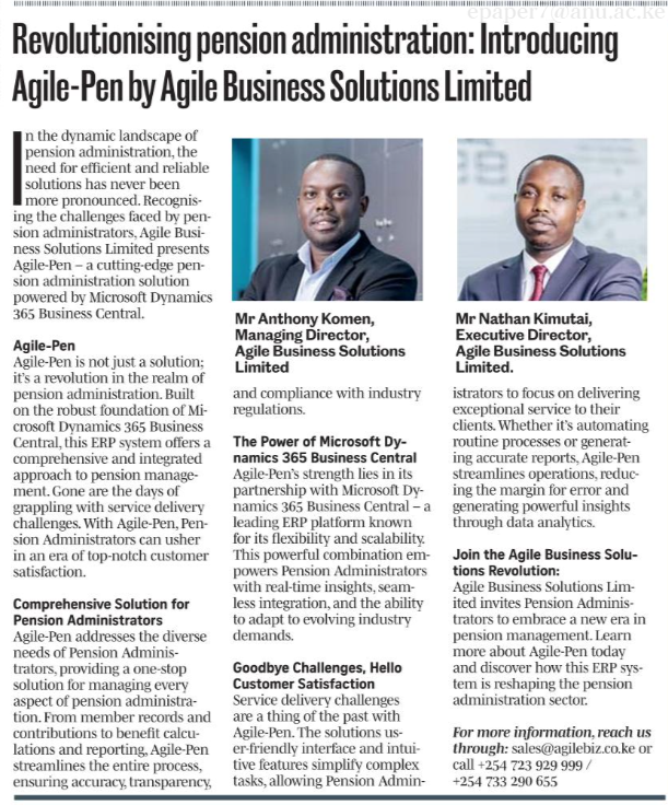 AgilebizKE's tweet photo. Have a read on today's Daily Nation: Agile-Pen, Pension Administration System for Pension Administration organizations and Agile-Invest, Fund Management System for Fund Managers.
https://t.co/46axU7Hu0t
@ntvkenya 
#Pension 
#ProtectFutureYako
#pensionsconference #pensionsexpo https://t.co/Y0zebuOmzT