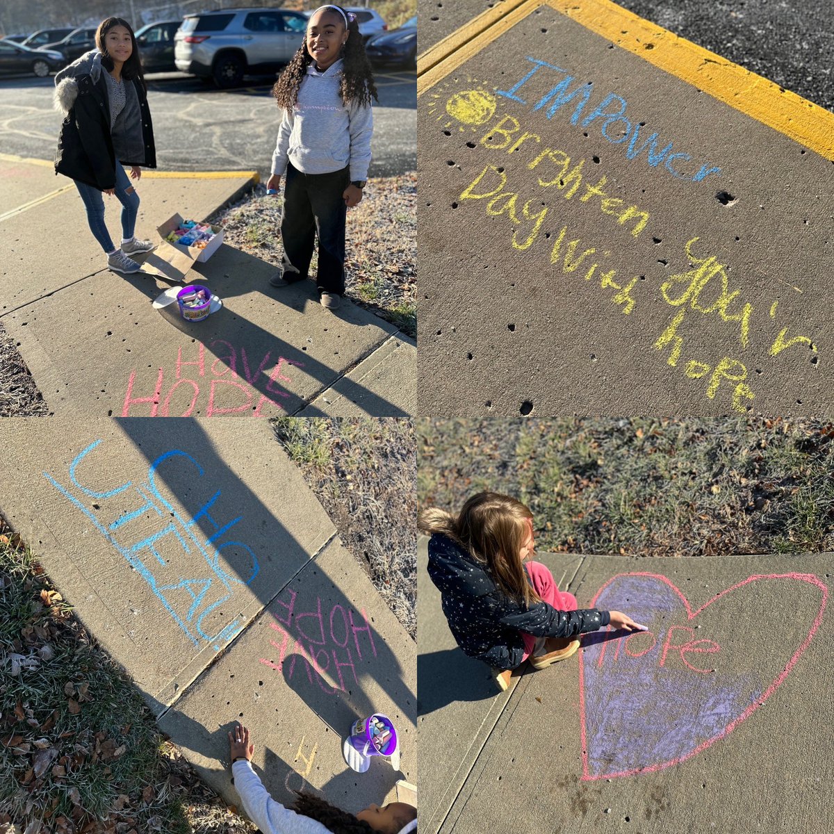 ChouteauSchool's tweet photo. We are celebrating #hopeweek2023 led by our Jr. Hope Squad members! They have chosen what they’d like to do to share HOPE at Chouteau! 
Today they chose to write positive chalk messages for our dragons. They had some creative and sweet ideas for sure! 
@NKCSchools @HopeSquads https://t.co/j7EoXuh6X6